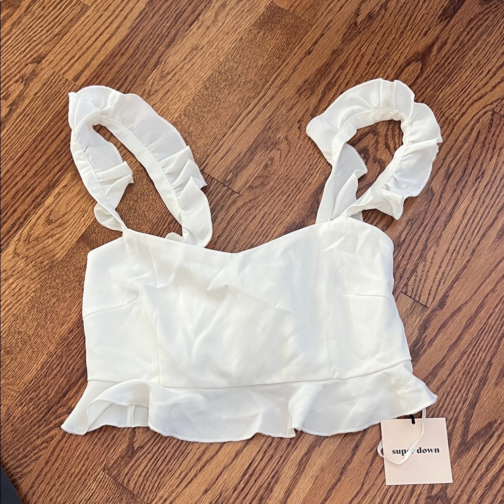Superdown White Ruffle Strap Crop Top